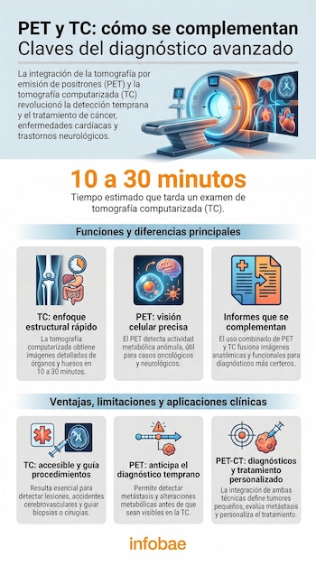 Infografía sobre PET y TC, con un escáner médico, representaciones de cerebro, corazón y órganos, textos explicativos y el logo de Infobae.