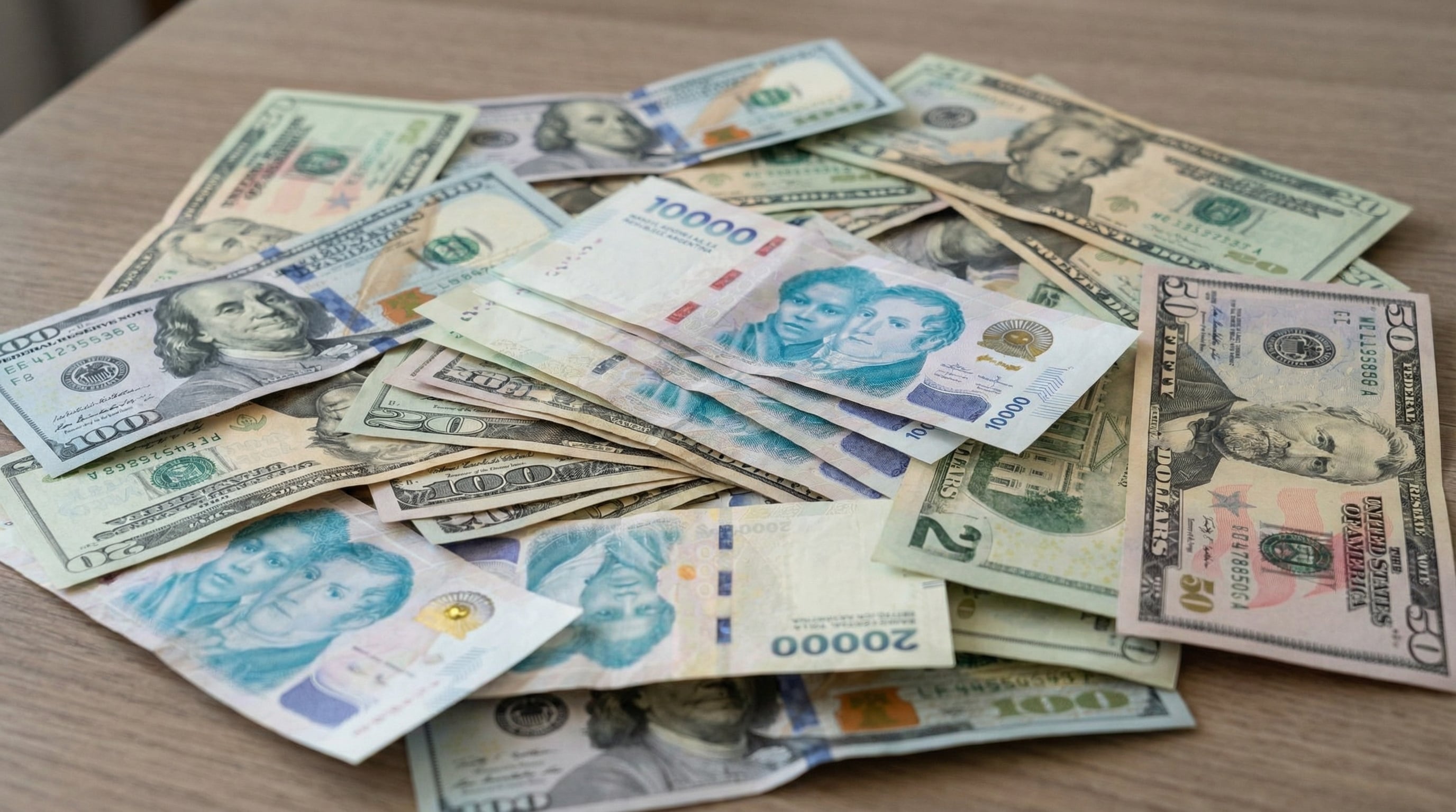 Una variedad de billetes de pesos argentinos y dólares estadounidenses se observa desordenadamente apilada sobre una superficie de madera, reflejando la coexistencia de ambas monedas y su importancia en transacciones económicas de Argentina. (Imagen Ilustrativa Infobae)