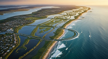 Vista aérea de una costa al atardecer, mostrando un diseño de resiliencia con humedales, cuerpos de agua interconectados, playas y una ciudad.