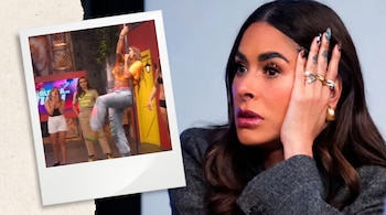 Collage de dos imágenes: primer plano de Galilea Montijo con la mano en la mejilla y, superpuesta, una polaroid con ella haciendo pole dance.