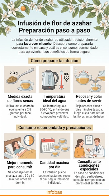 Infografía ilustrada que explica la medida, temperatura, reposo y recomendaciones para consumir la infusión de flor de azahar.