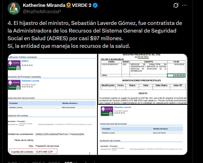 Katherine Miranda mencionó al hijastro del ministro Jaramillo, Sebastián Laverde Gómez,, que, según su denuncia, fue contratista con la Adres por casi $97 millones - crédito @KatheMirandaP/X