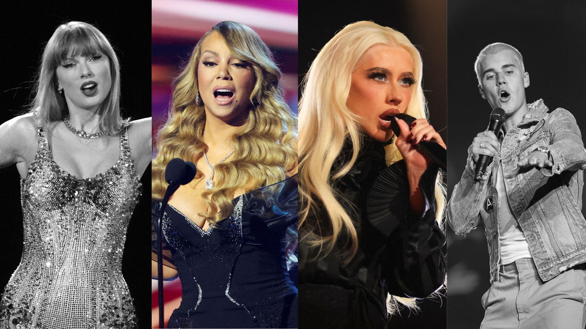 De izquierda a derecha: Taylor Swift, Mariah Carey, Christina Aguilera y Justin Bieber. (Montaje de Infobae España)