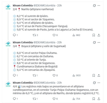 Otras zonas de Boyacá reportaron bajas temperaturas, con 6,7 °C cerca de Duitama, 7,0 °C en el oriente de Tunja y 8,6 °C en Sogamoso - crédito Ideam/X