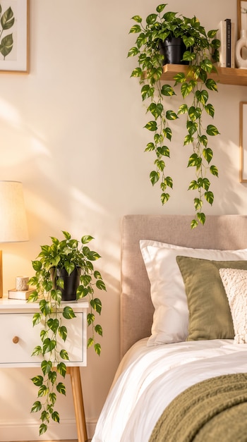 Una cama hecha con cojines verdes y una mesa de noche blanca con una lámpara encendida y plantas colgantes en macetas negras