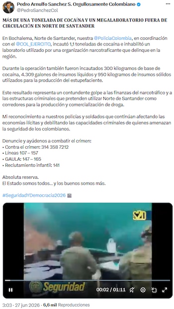 Policía y Ejército desarticularon laboratorio y decomisaron insumos para producción de droga en Norte de Santander- crédito @PedroSanchezCol/X