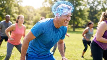 Hombre de mediana edad sonríe mientras hace ejercicio aeróbico en un parque, con un cerebro azul brillante superpuesto en su cabeza, junto a otras personas.