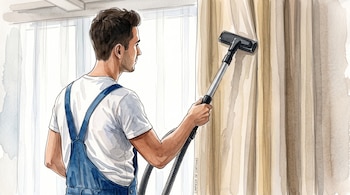 Ilustración en estilo acuarela de un hombre con overol azul que sostiene el tubo de una aspiradora contra una cortina beige.