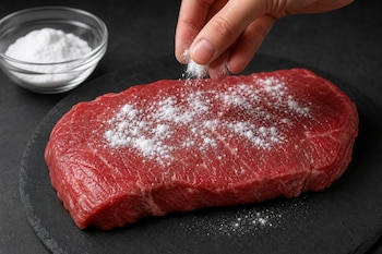 Una mano espolvorea polvo blanco sobre un corte de carne roja cruda colocado sobre un plato negro junto a un tazón con polvo blanco.