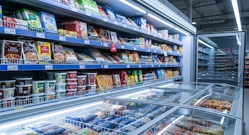 Congelador de supermercado abierto con bandejas de alimentos congelados organizadas, iluminación fluorescente, estantes con productos y envases variados.