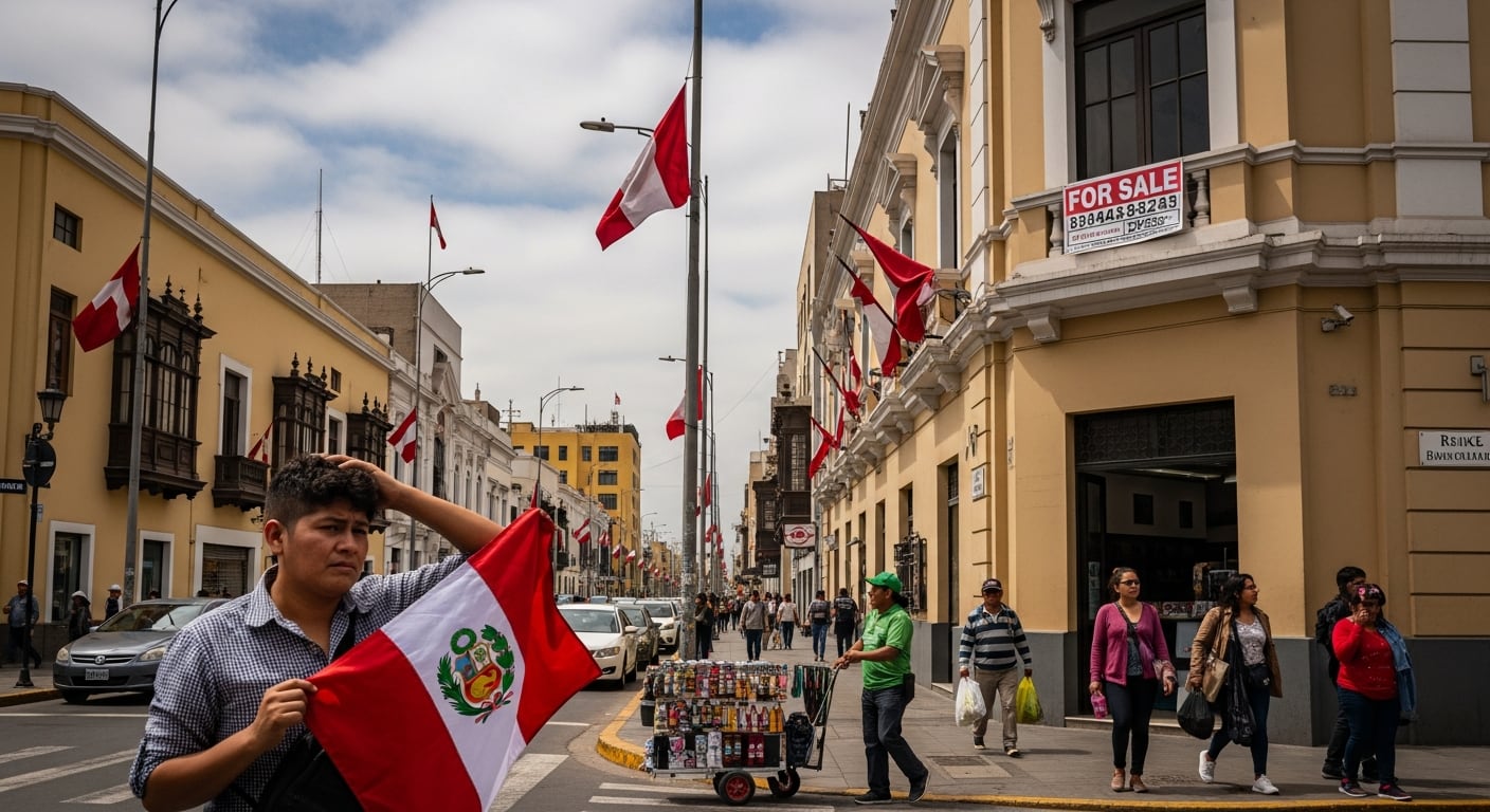 Un joven sostiene una bandera de Perú mientras varias banderas nacionales adornan edificios y postes en una calle concurrida de Lima, Perú. (Imagen Ilustrativa Infobae)