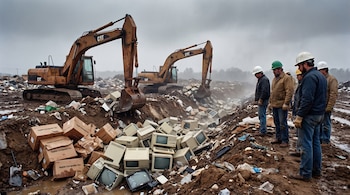 Dos excavadoras CAT entierran montones de computadoras Apple Lisa beige y cajas en un vertedero. Varios trabajadores observan en el suelo lodoso bajo un cielo gris.