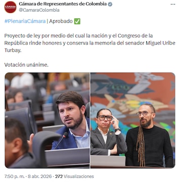 Cámara de Representantes aprobó por unanimidad homenaje legislativo a Miguel Uribe Turbay - crédito @CamaraColombia