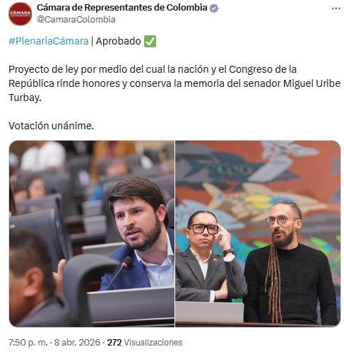 Cámara de Representantes aprobó por unanimidad homenaje legislativo a Miguel Uribe Turbay - crédito @CamaraColombia