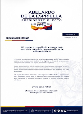 Abelardo de la Espriella recibió respaldo internacional del BID para fortalecer el empalme y la gestión institucional - crédito Defensores de la Patria
