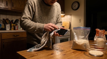 Una persona con un suéter desgastado seca un smartphone mojado con una toalla sobre una mesa de madera con gotas de agua; hay bolsas y un cuenco de arroz.