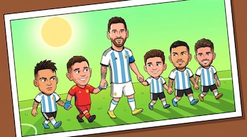 Caricatura de Messi con camiseta argentina, llevando de la mano a cinco jugadores argentinos infantiles (Lautaro, Dibu, Julián, Paredes, De Paul) en un campo de fútbol.