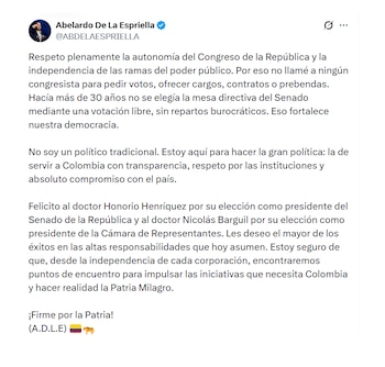 Abelardo de la Espriella reconoció triunfo de Honorio Henríquez en el Congreso