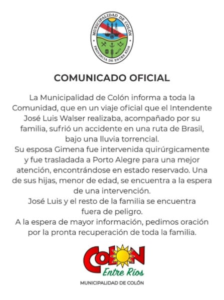 El comunicado que emitió la Municipalidad de Colón luego del accidente de tránsito