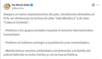 La Defensoría del Pueblo advirtió que los ataques armados y el uso de explosivos elevaron el riesgo para la población civil en varios departamentos de Colombia - crédito @MarnIris/X