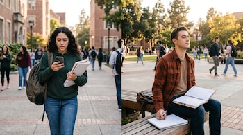 Una joven camina consultando su celular con varios cuadernos y un joven permanece sentado en un banco con una agenda abierta.