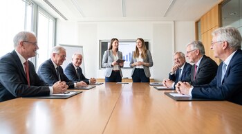 Dos mujeres empresarias hablan ante una mesa rodeada de hombres (Imagen ilustrativa Infobae)