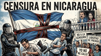 Ilustración detallada de la censura en Nicaragua, con la bandera amarrada, policías, periodistas, manifestantes y caricaturas de Daniel Ortega y Rosario Murillo.