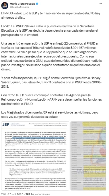 María Clara Posada cuestionó los convenios entre la JEP y el Pnud - crédito @MaclaPosada/X