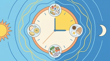 Ilustración de reloj central con platos de comida como números, un sol a la izquierda, una luna a la derecha y líneas onduladas de color azul y amarillo.