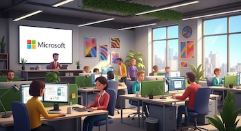 Ilustración animada de una oficina de planta abierta con varios trabajadores sentados en escritorios, usando computadores. Una pantalla grande muestra el logo de Microsoft.