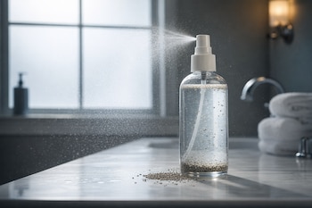 Botella de spray transparente con agua y semillas de chía rociando líquido en una encimera de mármol de un baño iluminado por una ventana.