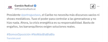El partido Cambio Radical exigió
