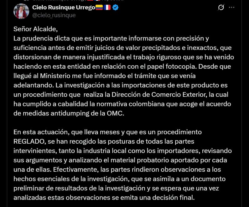 La ministra Rusinque hizo un llamado a evitar la instrumentalización política del tema y a no dejarse influenciar por presiones o juicios públicos - crédito @cielo_rusinque/X
