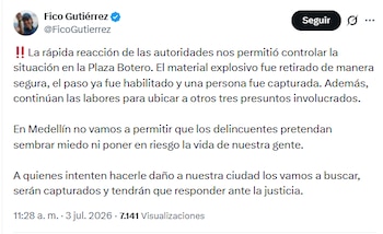 Federico Gutiérrez explicó que la población está libre de peligro, luego de que el comando antiexplosivos retirara la bomba de la zona - crédito @FicoGutierrez/X