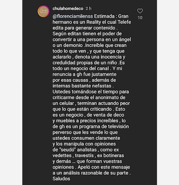 Chula apuntó contra Gran Hermano