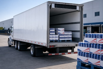 Camión blanco de carga con la parte trasera abierta llena de cajas y latas de cerveza en palés de madera.
