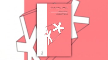 Portada del libro 'FASCISMO COSPLAY' de Luis Ignacio García, con fondo rosa, franja blanca y diseño geométrico, superpuesta sobre un fondo similar extendido y difuminado.
