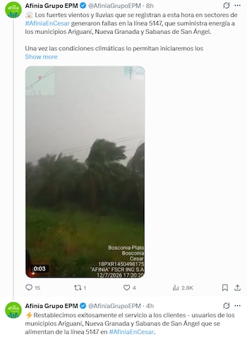 Antes dos danos em Córdoba, Sucre e Bolívar, a Afinia relatou a falha nas linhas de abastecimento para Ariguaní, Nueva Granada e Sabanas de San Ángel. - crédito @AfiniaGrupoEPM/X