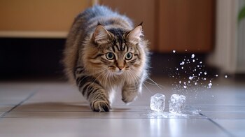 Gato tocando un cubo de hielo con su pata, observando cómo se desliza sobre la superficie. – (Imagen Ilustrativa Infobae)