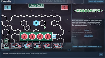 Captura de pantalla de una interfaz digital de videojuego con un tablero hexagonal numerado, imágenes en miniatura y texto descriptivo