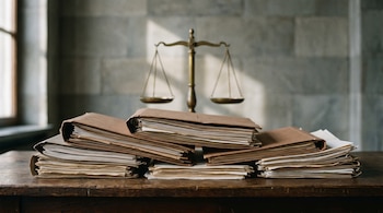 Pila de expedientes judiciales con carpetas marrones y papeles visibles sobre una mesa de madera oscura. Al fondo, una balanza dorada de la justicia desenfocada.