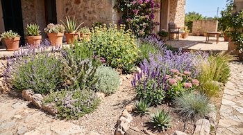 Cantero de plantas con lavanda, salvia, agaves y gramíneas sobre suelo de grava, con macetas de barro y una pared de piedra al fondo.