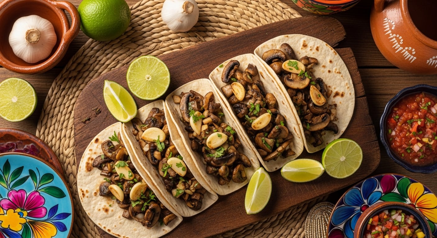 Vista cenital de cinco tacos vegetarianos de champiñones y ajo, acompañados de limones, salsa, ajos y coloridos platos decorados, dispuestos sobre una tabla rústica de madera y mimbre. (Imagen Ilustrativa Infobae)