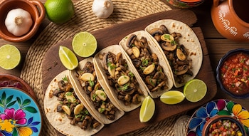 Toma cenital de cinco tacos con relleno de champiñones y ajo, rodajas de limón, salsa roja y ajos enteros sobre una tabla de madera y mimbre.