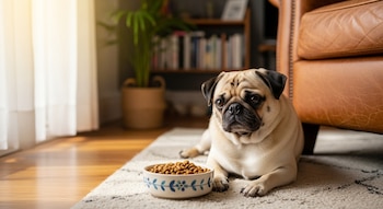 Un perro Pug beige y negro está acostado en una alfombra clara junto a un cuenco con comida. Al fondo, se ve un sillón de cuero y una estantería con libros.