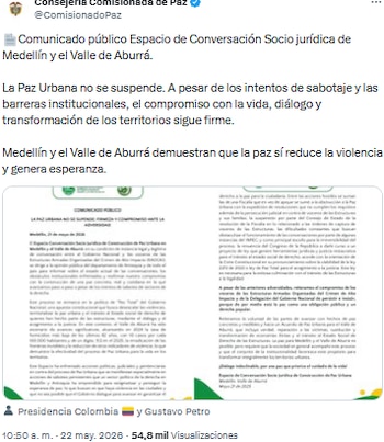 Mesa de Paz Urbana en Medellín continúa pese a obstáculos, según comunicado oficial - crédito @ComisionadoPaz/X