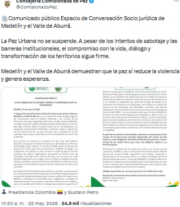 Mesa de Paz Urbana en Medellín continúa pese a obstáculos, según comunicado oficial - crédito @ComisionadoPaz/X