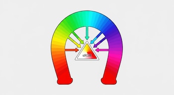 Diagrama de cromaticidad CIE en herradura con colores del espectro. Un triángulo blanco sRGB en su interior. Flechas de color apuntan hacia el triángulo.