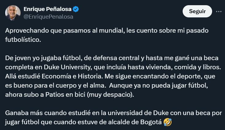 Enrique Peñalosa entregó detalles de su época como futbolista- crédito @EnriquePenalosa/X