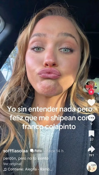 Primer plano de una mujer rubia haciendo un gesto con los labios, con texto superpuesto en la pantalla de una red social